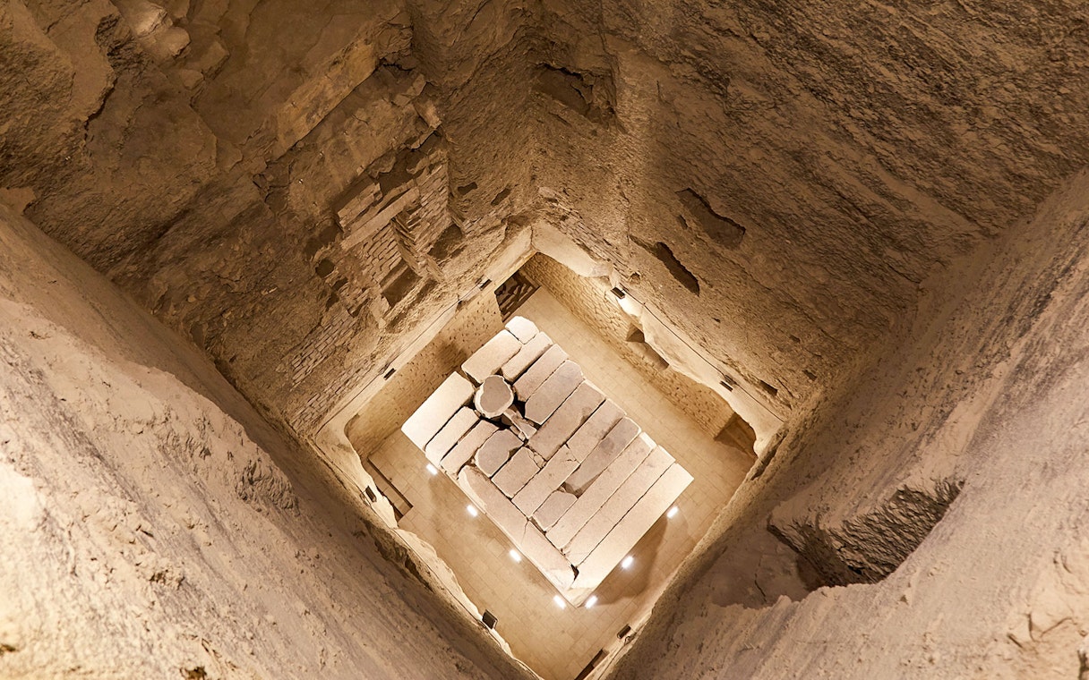 Step Pyramid of Djoser interior chamber, Saqqara, Egypt, showing stone blocks.