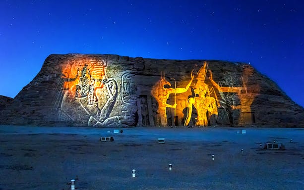 Abu Simbel temple illuminated at night, Aswan, Egypt, UNESCO World Heritage site.