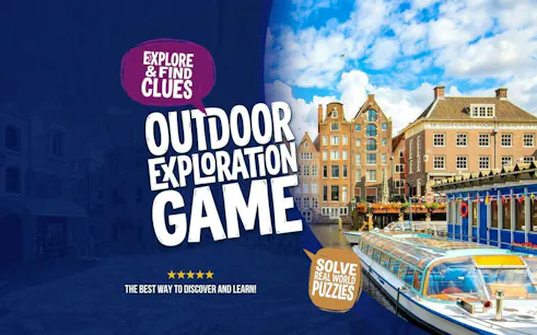 Outdoor exploration game in Jewish Amsterdam Old Quarter with canal boat and historic buildings.
