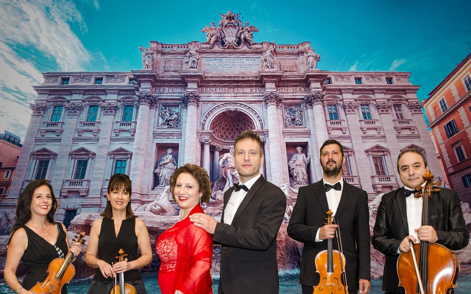 Opera musicians in front of Trevi Fountain at Palazzo Poli, Rome.