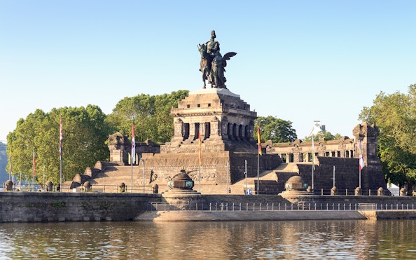 Koblenz German Corner with Emperor William I monument at Rhine and Moselle rivers meeting point.