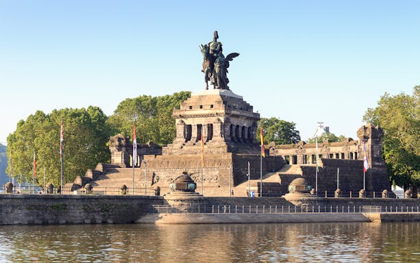 Koblenz German Corner with Emperor William I monument at Rhine and Moselle rivers meeting point.