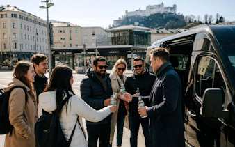 Group of tourists in Salzburg with Hohensalzburg Fortress in the background.