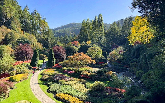 Butchart Gardens in Victoria, BC with colorful flower beds and lush greenery.