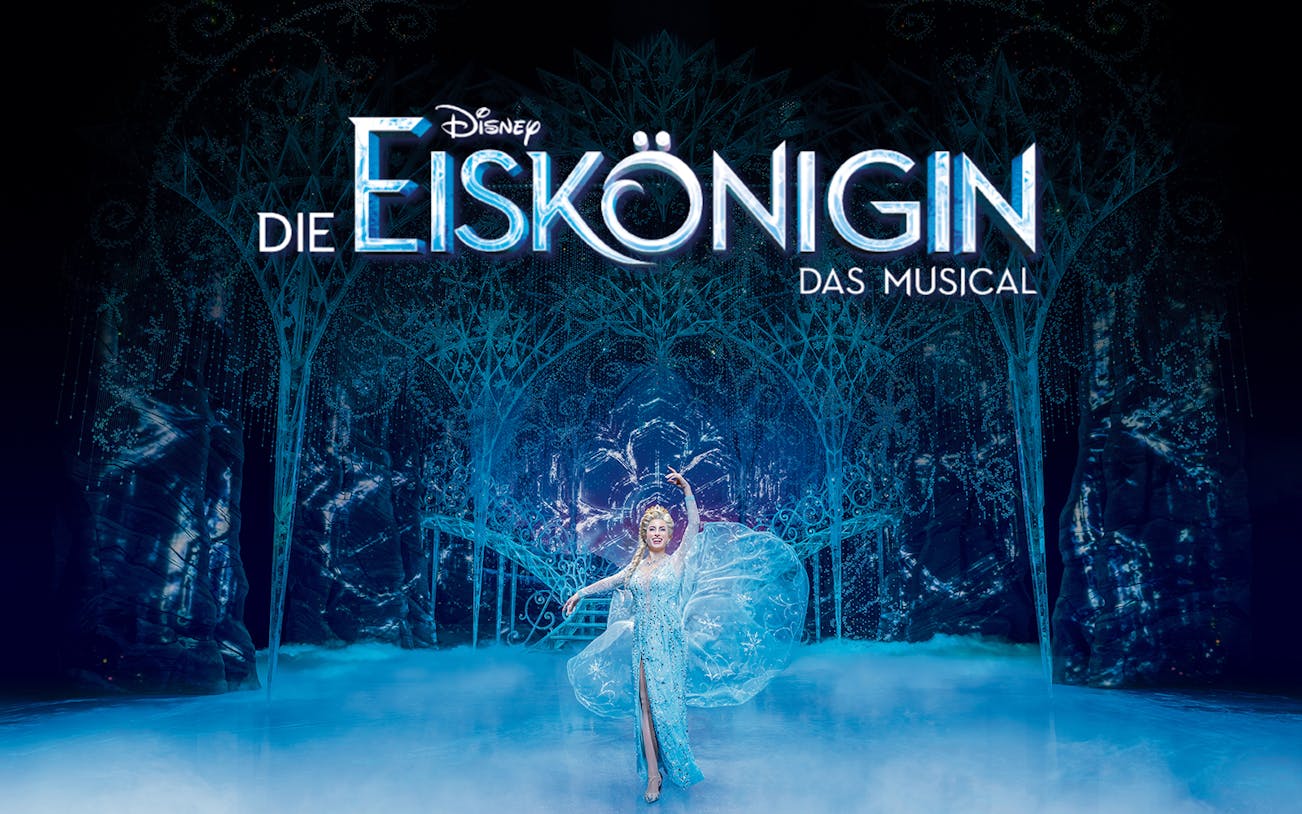 Performer in icy setting for Disney's Die Eiskönigin musical.