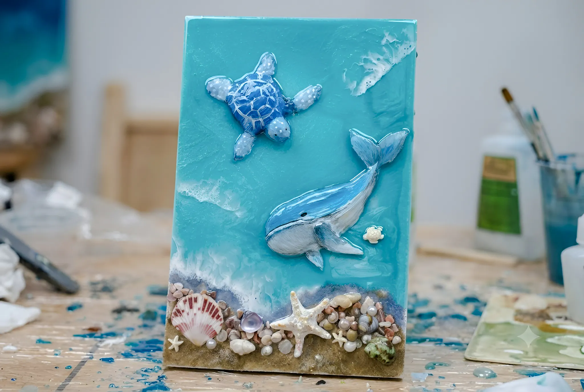 Artwork creation with ocean theme featuring a turtle and whale in Hanoi workshop.
