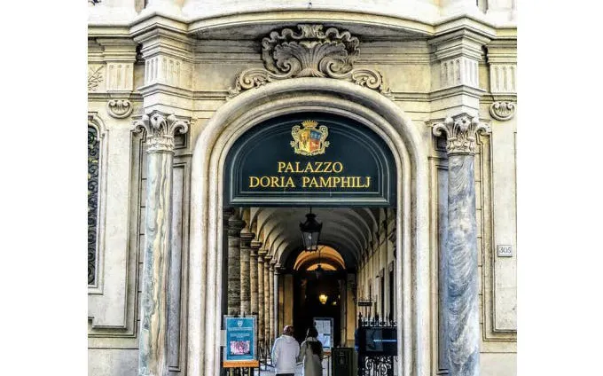 Entrance to Palazzo Doria Pamphilj in Rome's historic center.