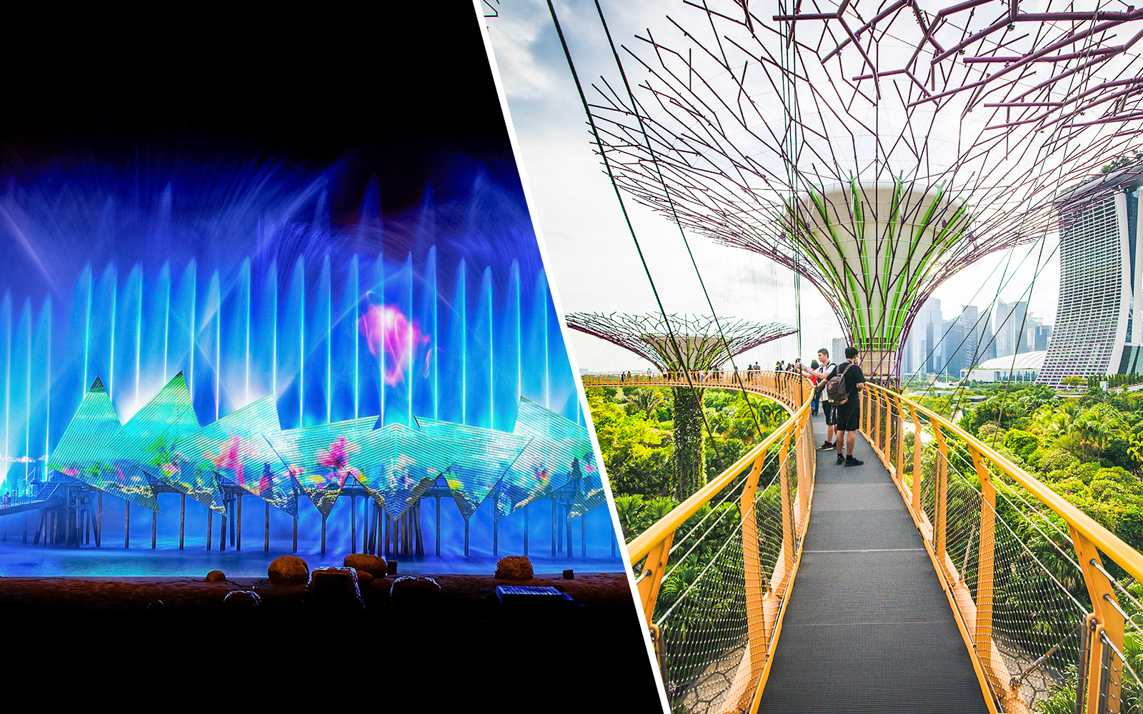 Wings of Time night show with colorful lights at Sentosa Island, Singapore, near Gardens by the Bay.