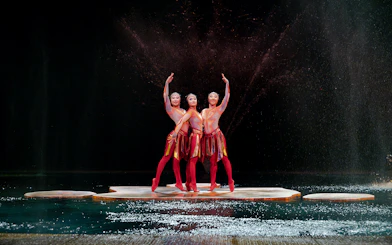 Performers in vibrant costumes on stage at Cirque du Soleil 'O' in Nevada.