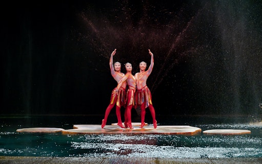 Performers in vibrant costumes on stage at Cirque du Soleil 'O' in Nevada.
