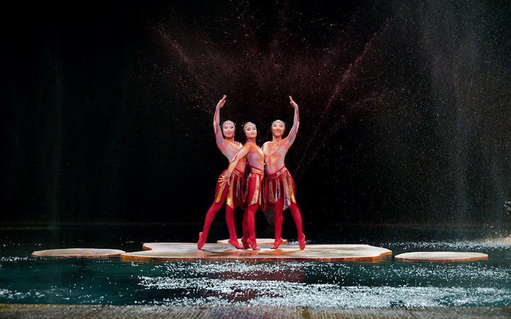 Performers in vibrant costumes on stage at Cirque du Soleil 'O' in Nevada.