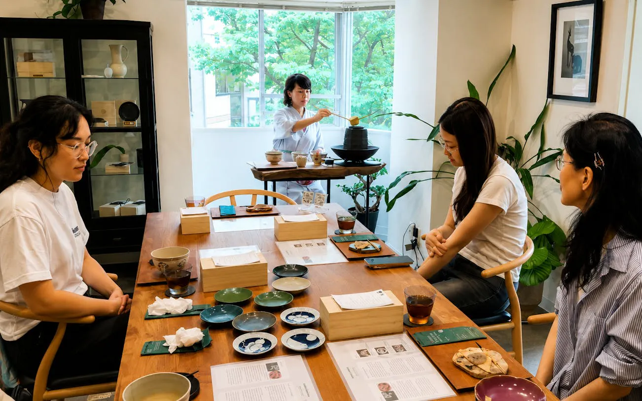 Kintsugi workshop participants with matcha and sweets near Shibuya Crossing.