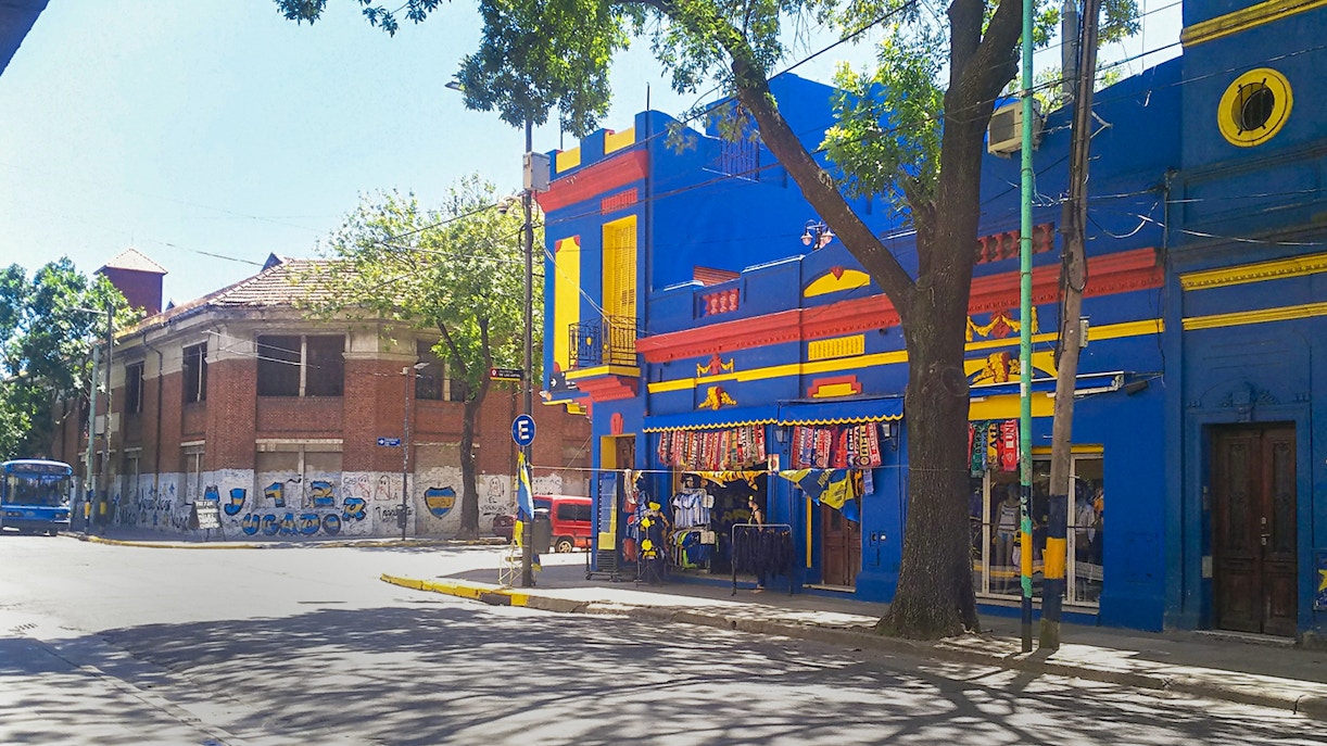 Tourists outside La Bombonera stadium shop in Buenos Aires, Argentina.