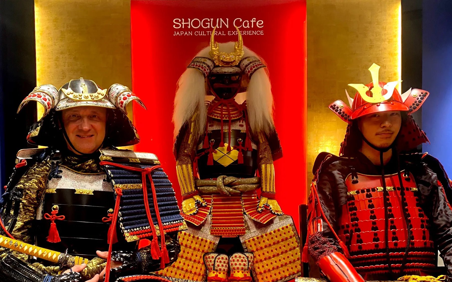 Samurai armor display at Shogun Cafe, Tokyo, part of the Street Kart Experience.