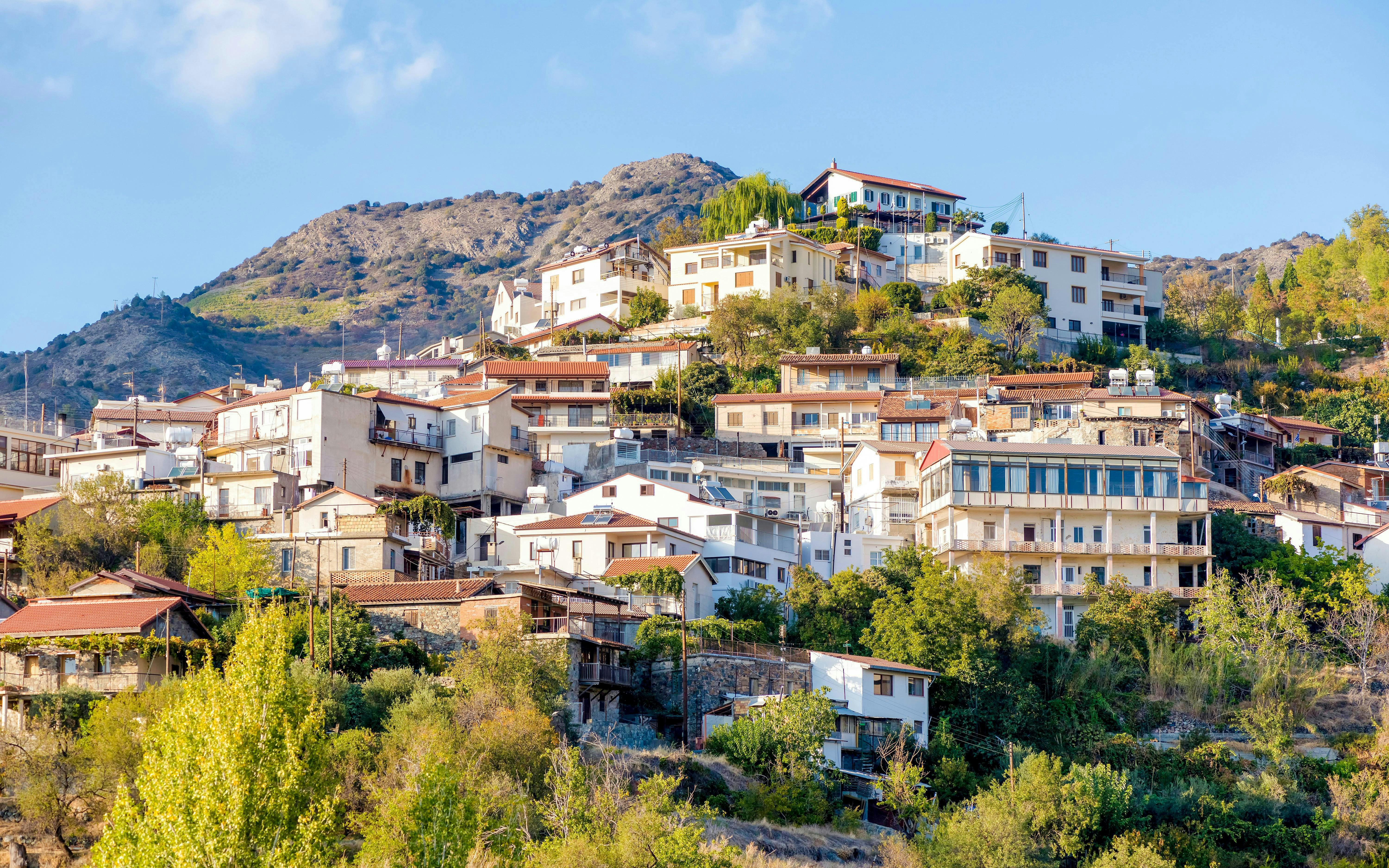 Village of Agros with hillside houses in Limassol District, Cyprus.