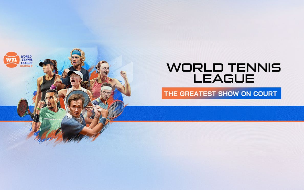 World Tennis League promotion at Etihad Arena featuring players in action.