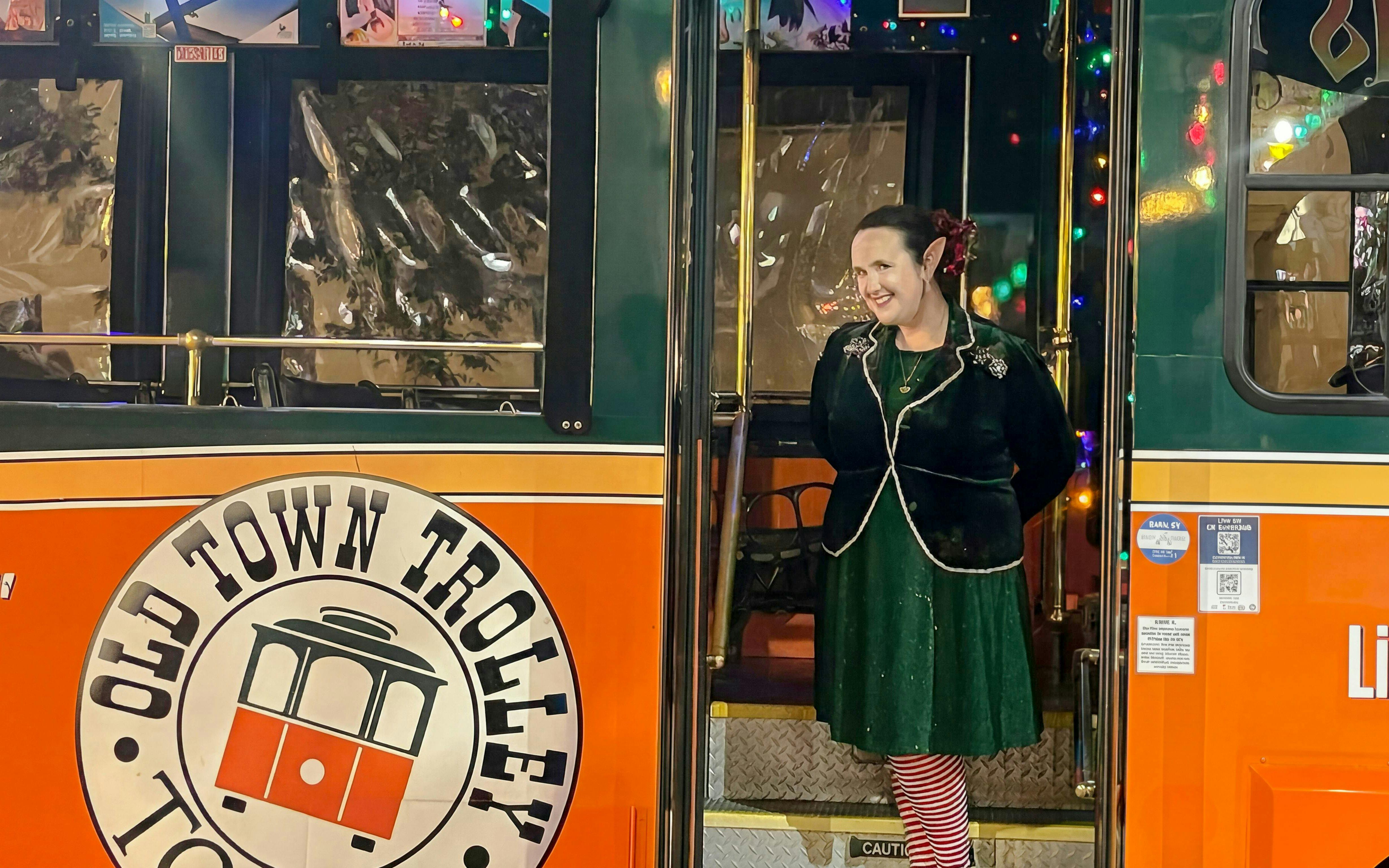 Old Town Trolley decorated for Holiday Sights and Festive Nights Tour, San Diego.
