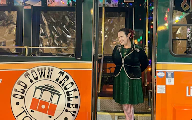 Old Town Trolley decorated for Holiday Sights and Festive Nights Tour, San Diego.