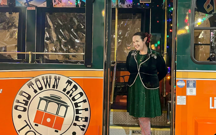 Old Town Trolley decorated for Holiday Sights and Festive Nights Tour, San Diego.