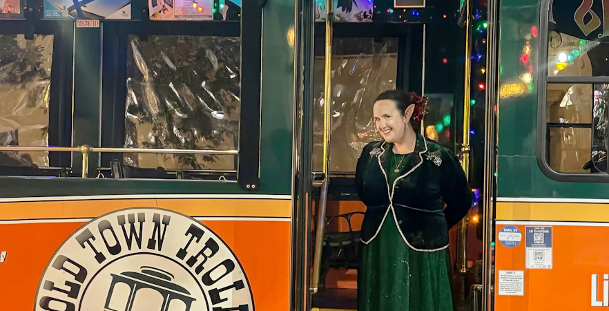 Old Town Trolley decorated for Holiday Sights and Festive Nights Tour, San Diego.