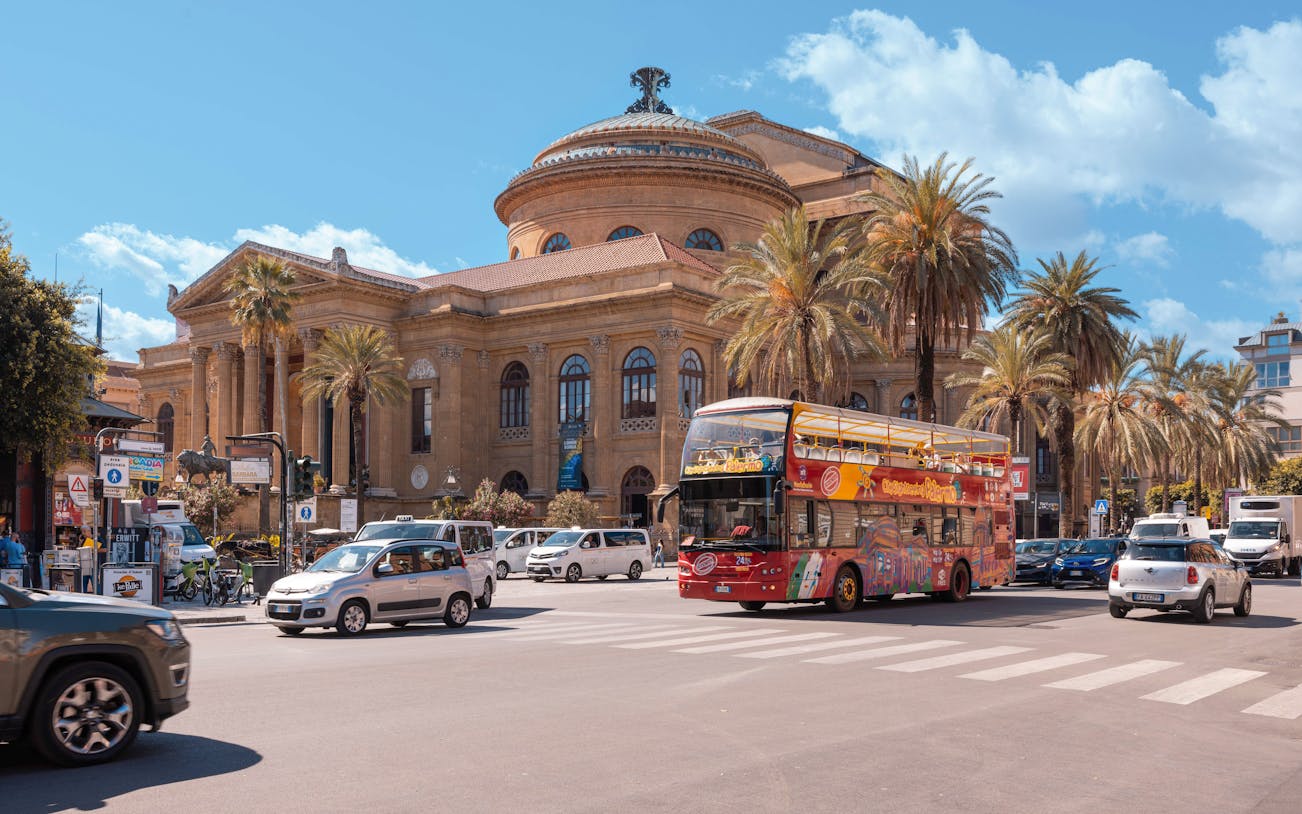 City Sightseeing bus in front of Teatro Massimo, Palermo.