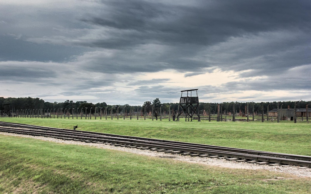 Rail tracks and watchtower at Stutthof Concentration Camp, Poland.