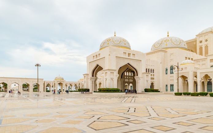 Qasr Al Watan exterior with domes and arches, Abu Dhabi.