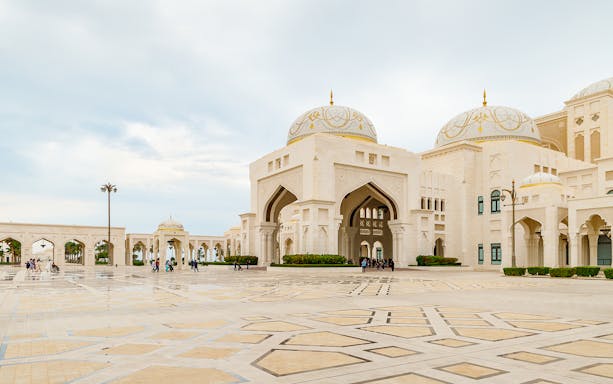 Qasr Al Watan exterior with domes and arches, Abu Dhabi.
