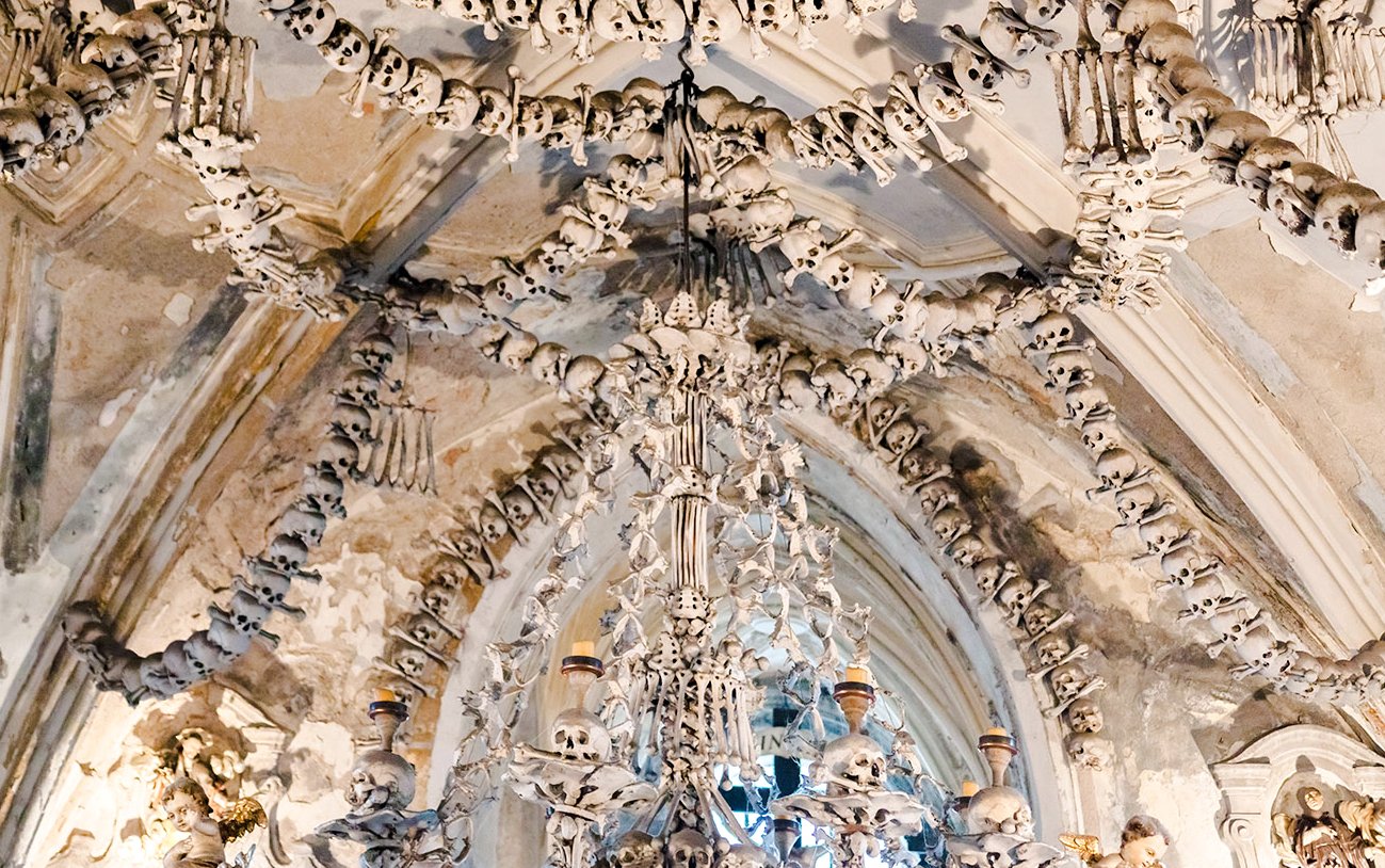 Sedlec Ossuary chandelier made of human bones in Kutna Hora, Czech Republic.