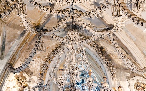 Sedlec Ossuary chandelier made of human bones in Kutna Hora, Czech Republic.