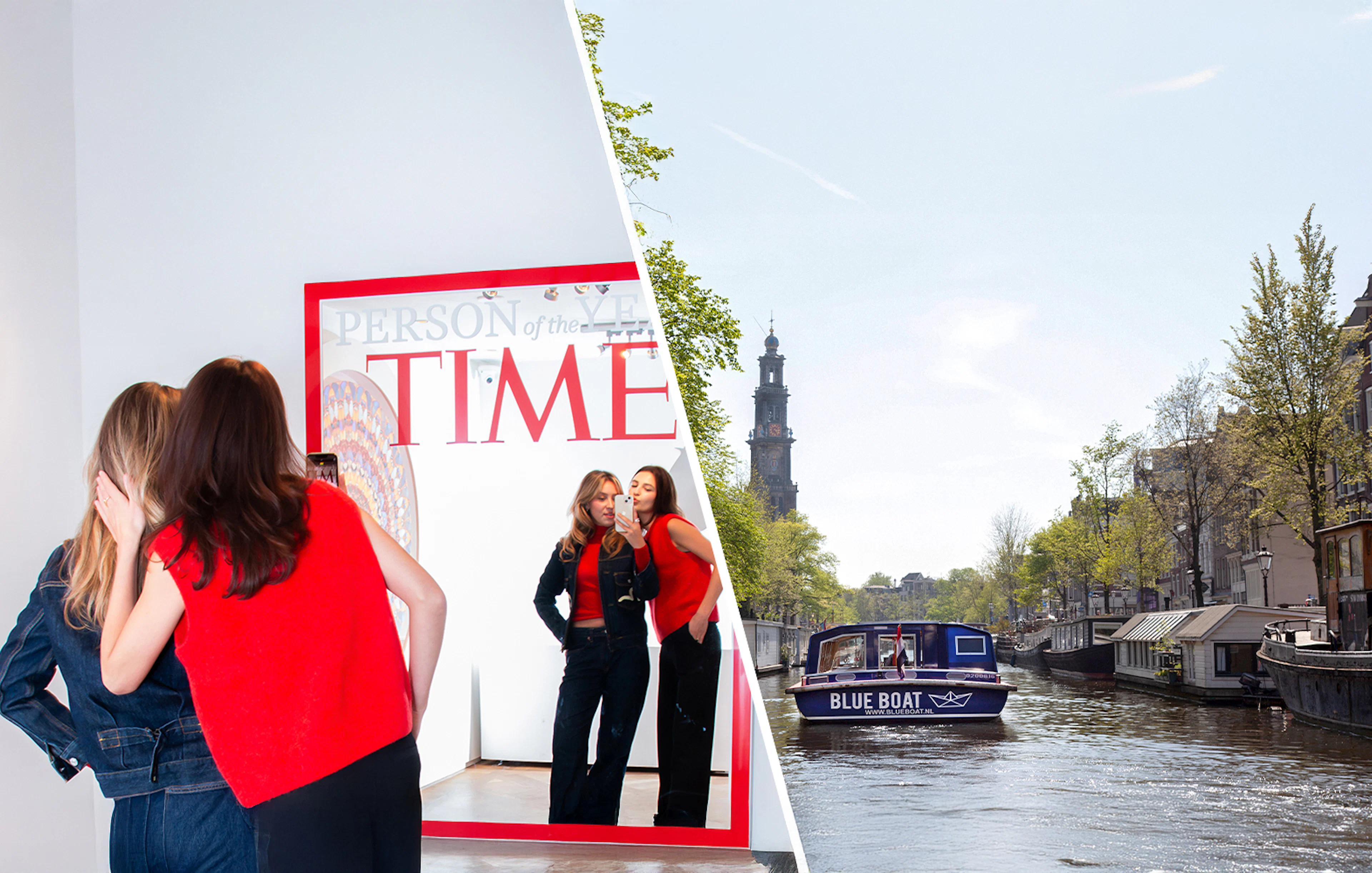 Visitors at Moco Museum Amsterdam and a canal cruise boat on Amsterdam's canal.
