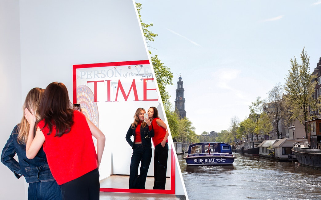 Visitors at Moco Museum Amsterdam and a canal cruise boat on Amsterdam's canal.