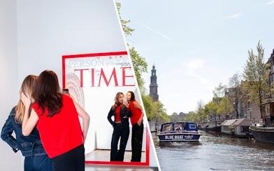 Visitors at Moco Museum Amsterdam and a canal cruise boat on Amsterdam's canal.
