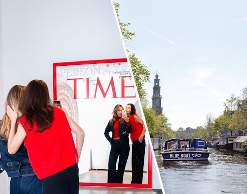 Visitors at Moco Museum Amsterdam and a canal cruise boat on Amsterdam's canal.