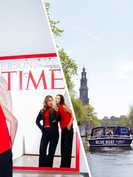 Visitors at Moco Museum Amsterdam and a canal cruise boat on Amsterdam's canal.
