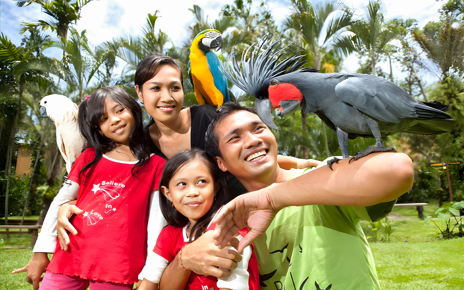Family enjoying colorful parrots at Bali Bird Park.