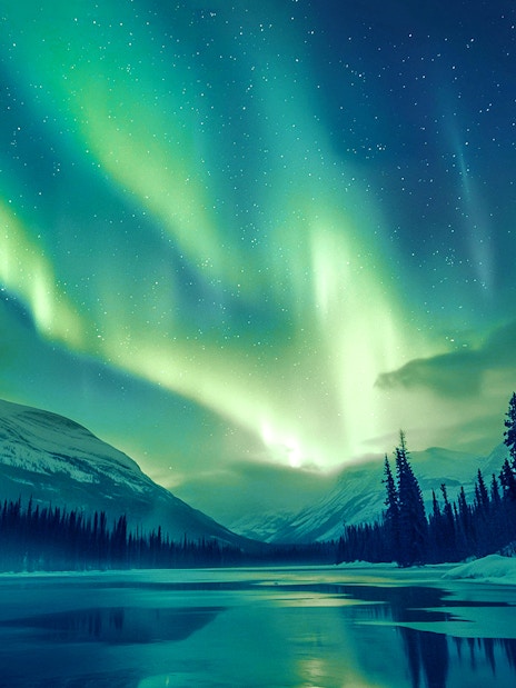 Northern Lights over snowy landscape in Rovaniemi, Finland.