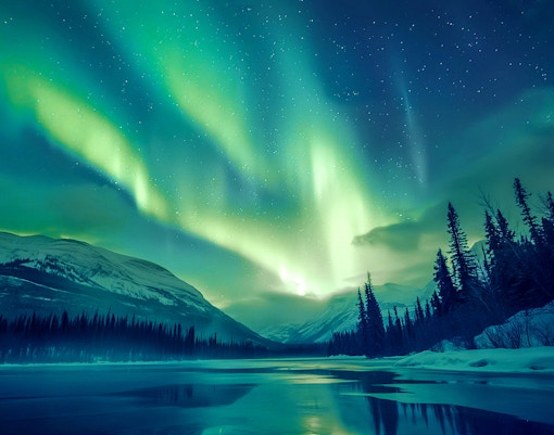 Northern Lights over snowy landscape in Rovaniemi, Finland.