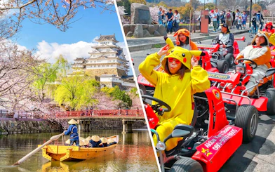 Osaka Castle with cherry blossoms and boat on moat, tourists in costumes driving go-karts nearby.