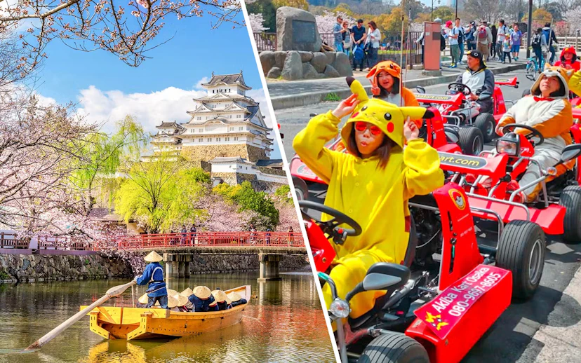 Osaka Castle with cherry blossoms and boat on moat, tourists in costumes driving go-karts nearby.