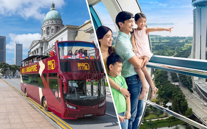 Singapore Hop-On-Hop-Off bus near National Gallery and family enjoying view from Singapore Flyer.