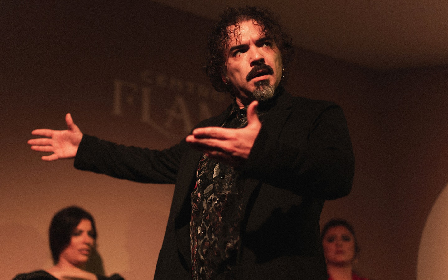 Flamenco performer gesturing passionately during a tablao show in Madrid.