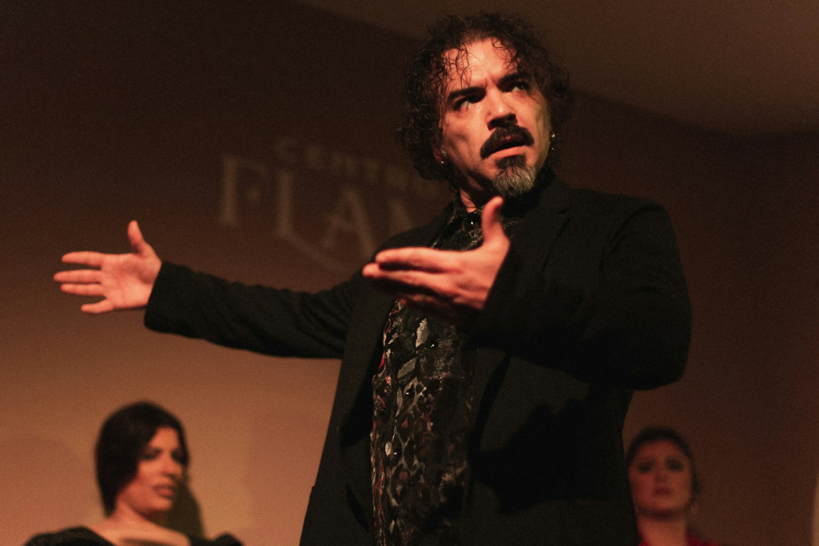 Flamenco performer gesturing passionately during a tablao show in Madrid.