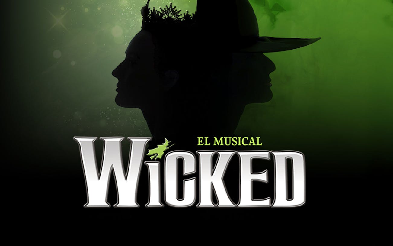 Wicked El Musical logo with two silhouetted profiles against a green background.