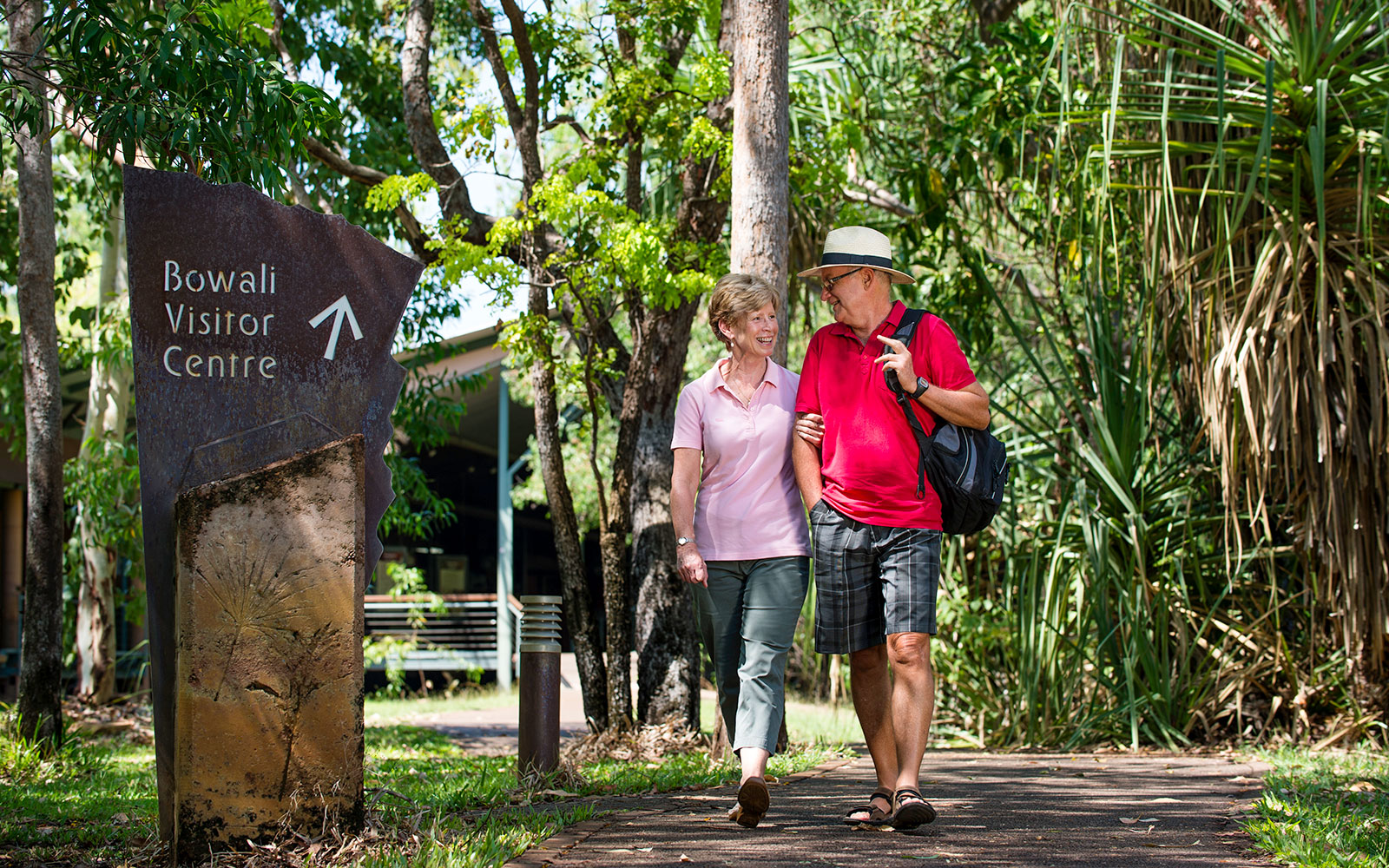 Couple walking near Bowali Visitor Centre in Kakadu National Park, part of 1-Day Guided Kakadu Wilderness Escape.