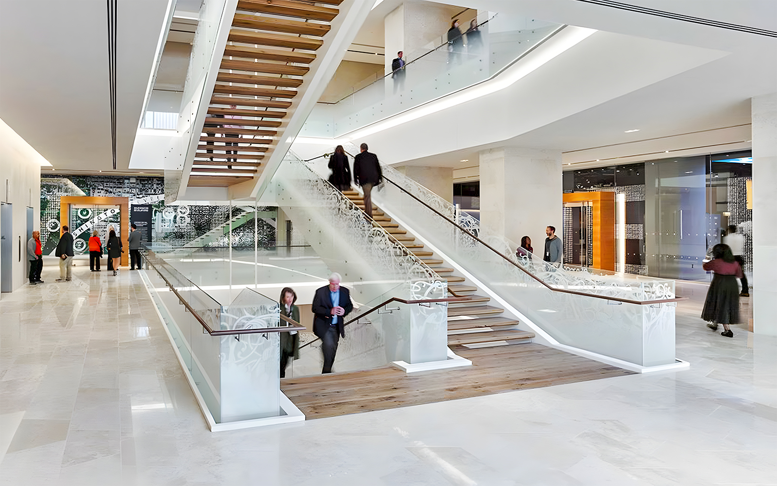 Visitors exploring the modern interior of the Museum of the Bible in Washington, D.C.