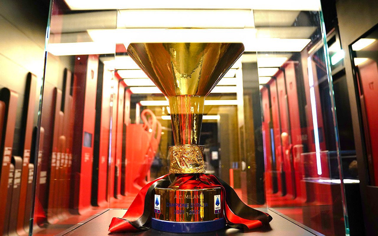 Trophy display in the locker room at Casa Milan museum.