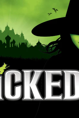 Wicked musical poster with green witch and city skyline backdrop
