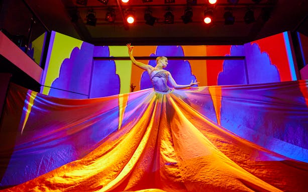 Performer on stage with colorful fabric backdrop during Showboat Vivid Sydney dinner cruise cabaret.