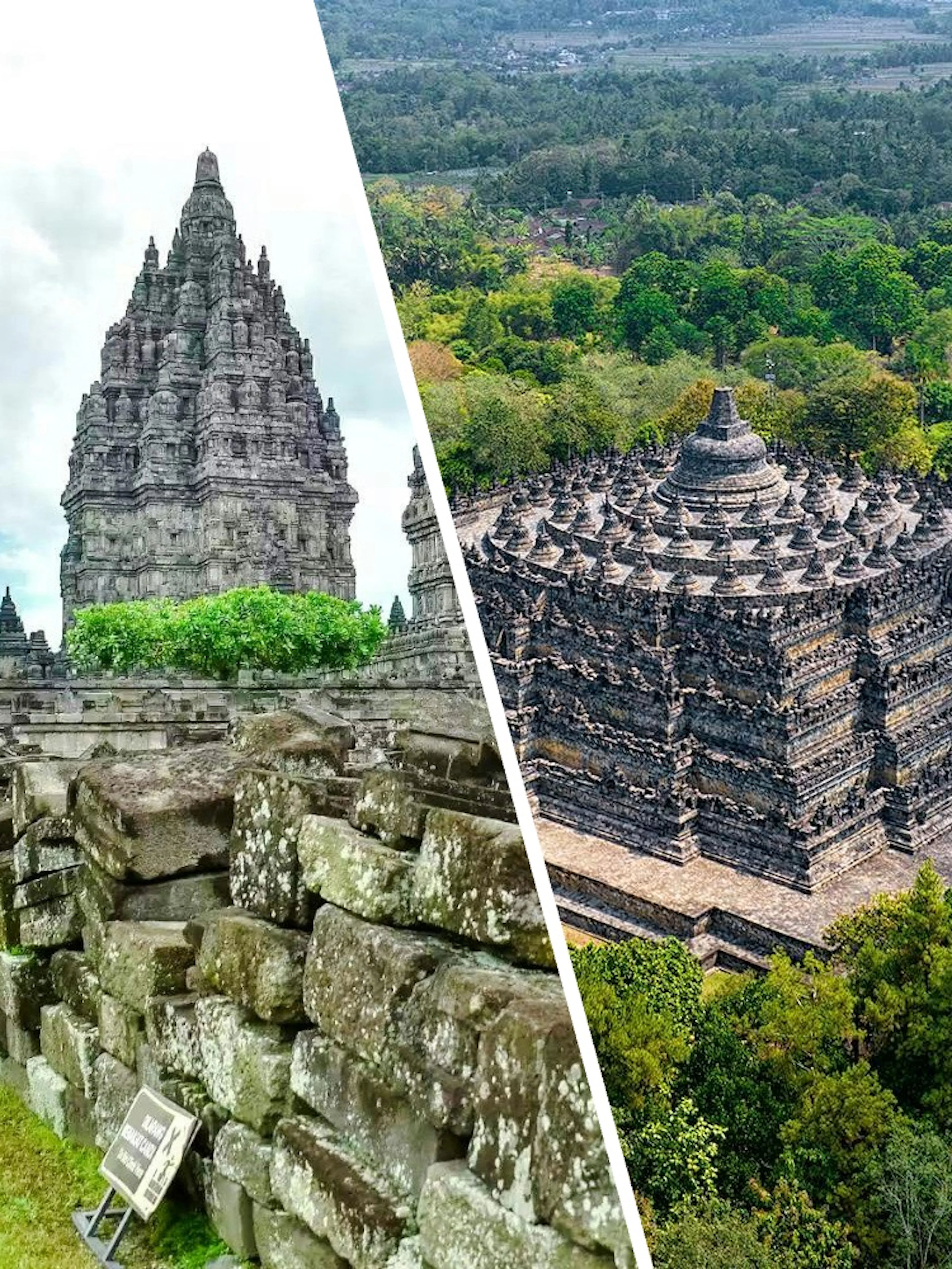 Prambanan and Borobudur temples in Yogyakarta, showcasing ancient architecture and lush surroundings.